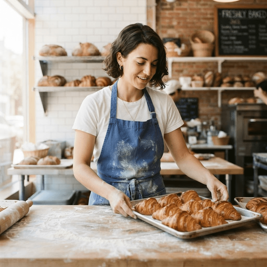 A bakery owner preparing a tray of fresh pastries