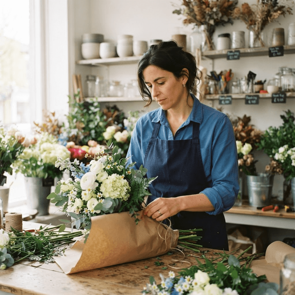 A florist arranging a bouquet in her neighborhood flower shop