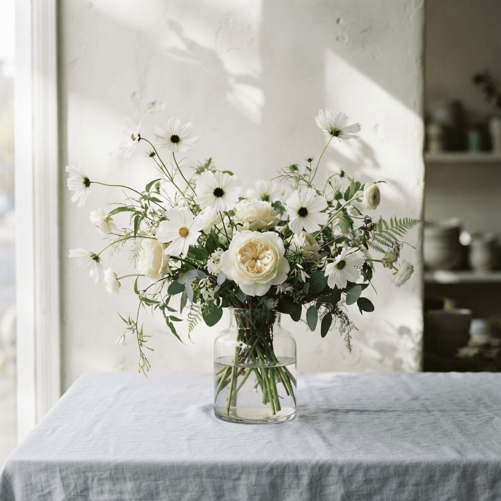 White wedding flowers with green foliage